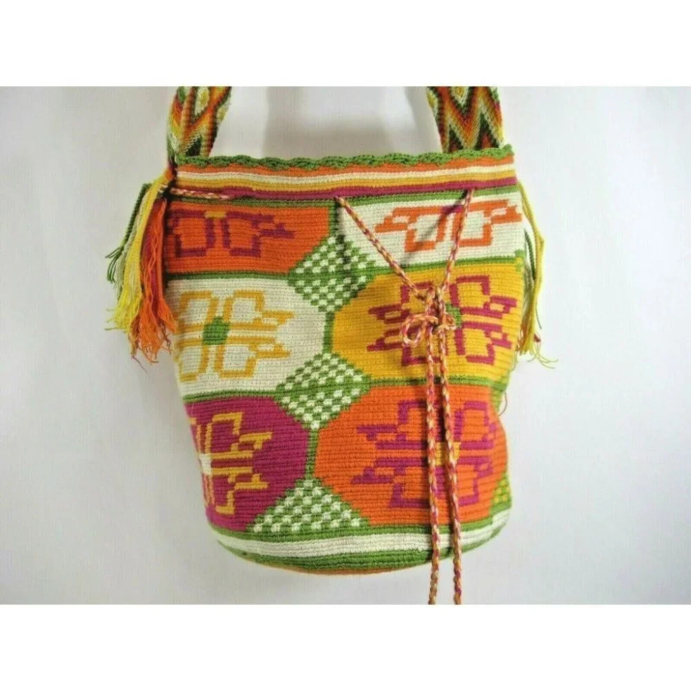 Wayúu Mochila Bag Purse Floral Woven Orange Pink Bucket Shoulder Straps Colombia